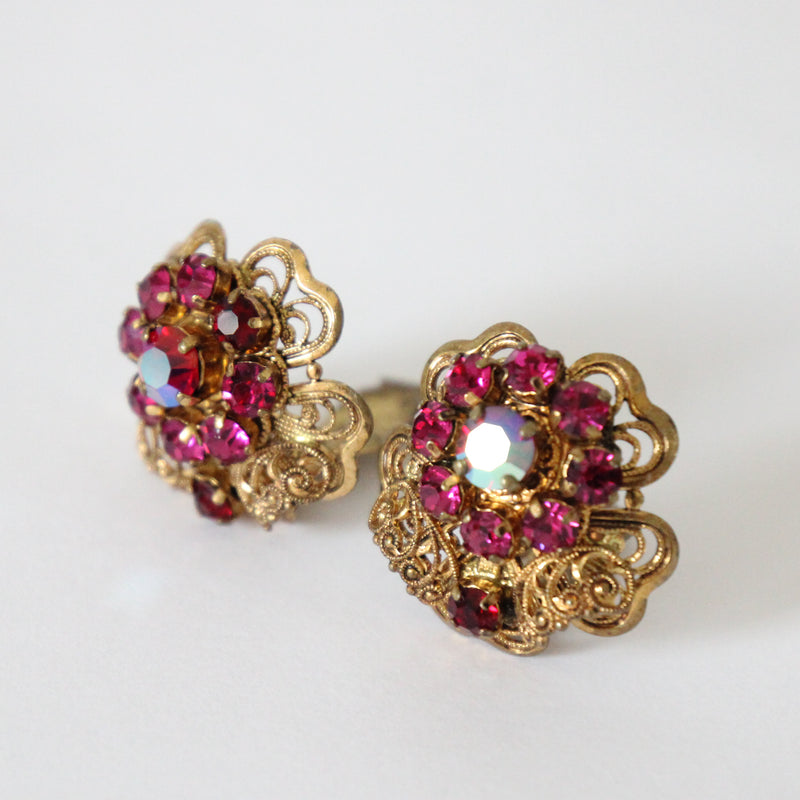 "Filigree Pink Rhinestones" Vintage 1940's West German Pink Rhinestone Demi-Parure Set