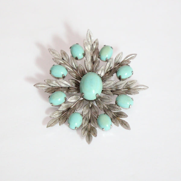 "Silver Leaves & Turquoise Cabochon" Vintage 1960's Sterling Silver & Turquoise Brooch and Pendant