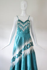 "Satin & Tulle " Vintage late 1940's Turquoise Satin & Cotton Tulle Dress UK 8 US 4