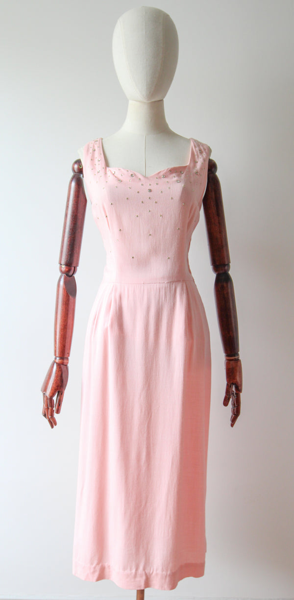 "Scattered Rhinestones" Vintage 1950's Pink Cotton Rhinestone Embellished Dress UK 12 US 8