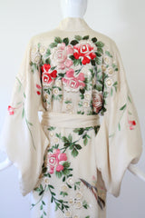 "Blooming Peonies" Vintage 1920's Cream Silk Floral Embroidered Kimono UK 10-14 US 6-10