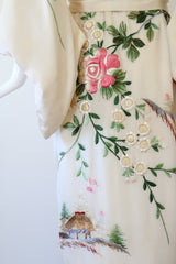 "Blooming Peonies" Vintage 1920's Cream Silk Floral Embroidered Kimono UK 10-14 US 6-10