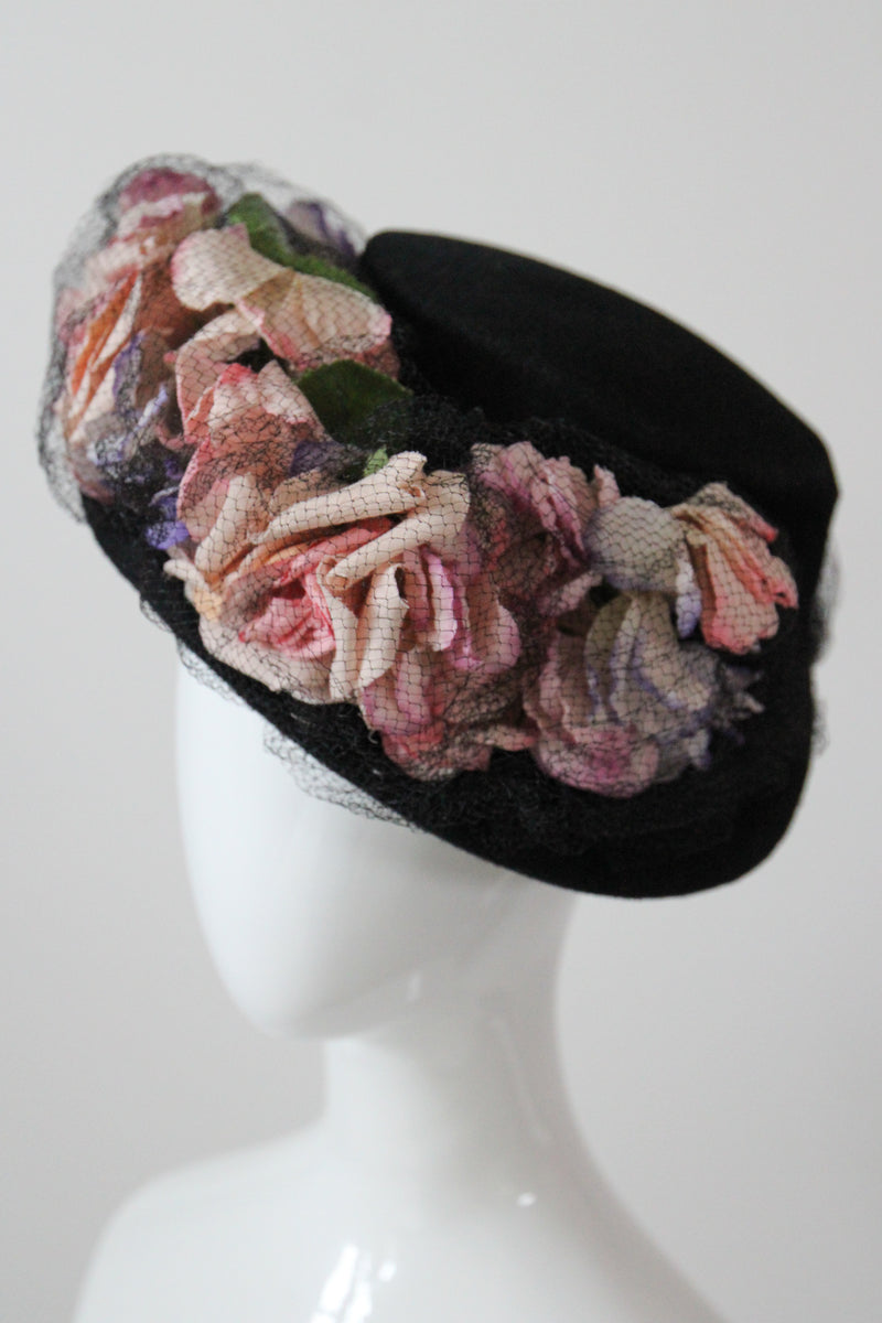 "Pastel Roses" Vintage 1940's Pastel Rose & Veil Hat