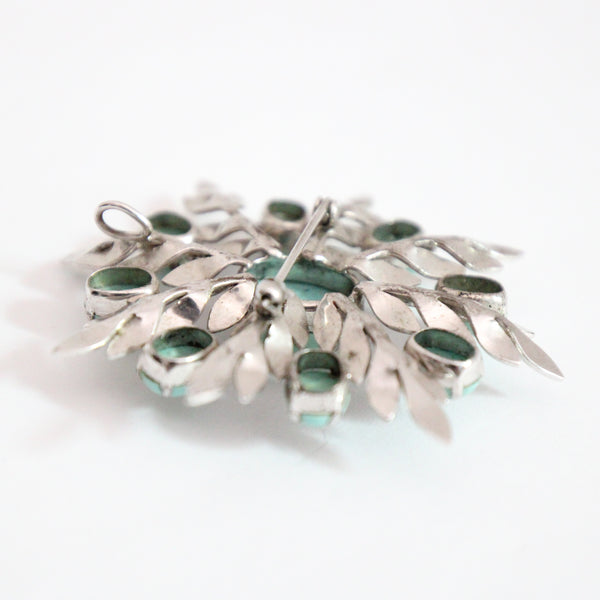 "Silver Leaves & Turquoise Cabochon" Vintage 1960's Sterling Silver & Turquoise Brooch and Pendant