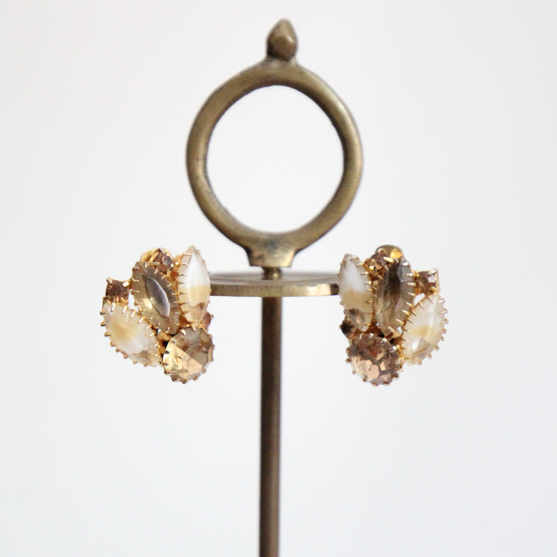 "Gold Rhinestones & Cabochon" Vintage 1950's Gold Rhinestone & Cabochon Clip on Earrings