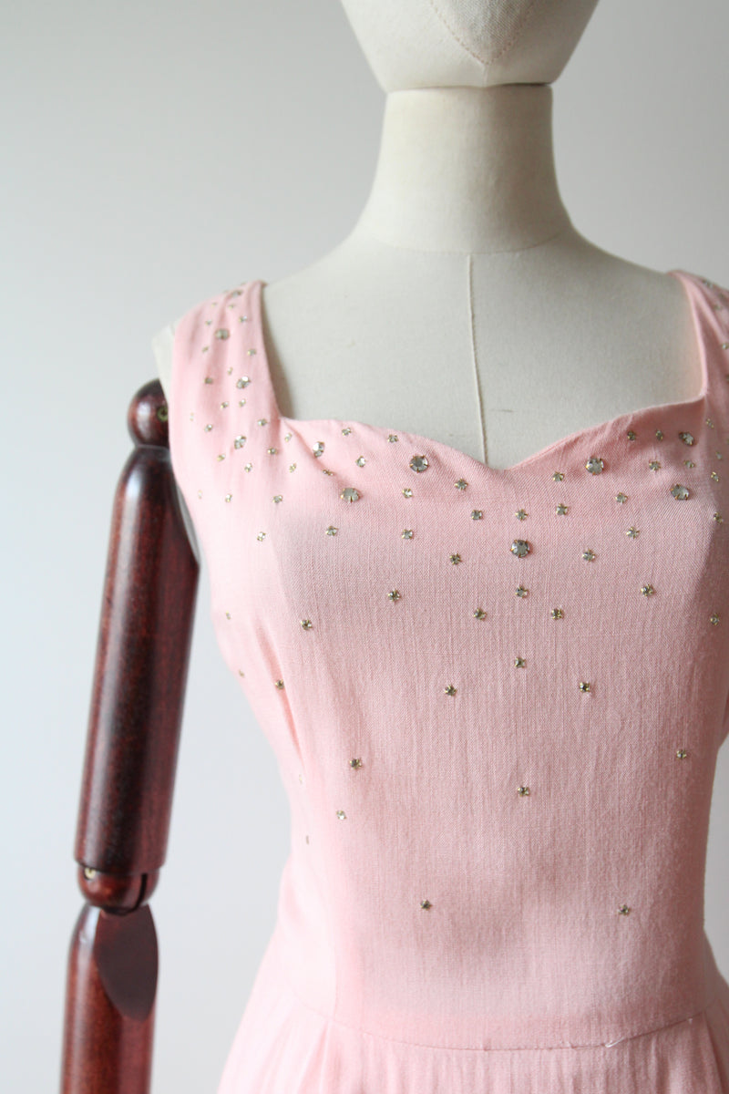 "Scattered Rhinestones" Vintage 1950's Pink Cotton Rhinestone Embellished Dress UK 12 US 8