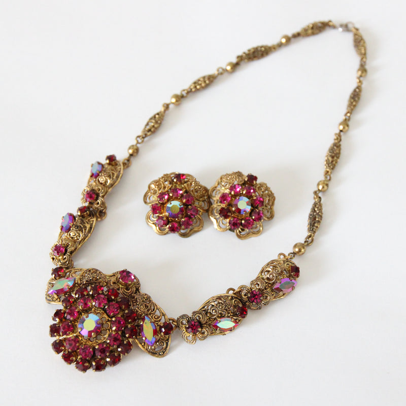 "Filigree Pink Rhinestones" Vintage 1940's West German Pink Rhinestone Demi-Parure Set