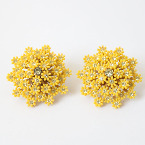 "Yellow Daisies & Rhinestones" Vintage 1960's Bright Yellow & Rhinestone Daisy Clip on Earrings