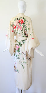 "Blooming Peonies" Vintage 1920's Cream Silk Floral Embroidered Kimono UK 10-14 US 6-10