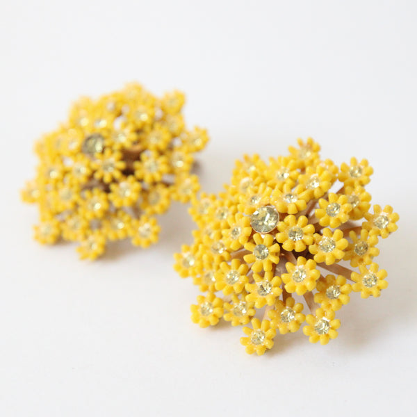 "Yellow Daisies & Rhinestones" Vintage 1960's Bright Yellow & Rhinestone Daisy Clip on Earrings