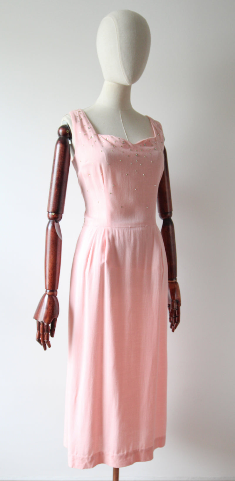 "Scattered Rhinestones" Vintage 1950's Pink Cotton Rhinestone Embellished Dress UK 12 US 8