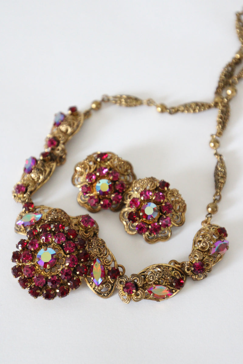 "Filigree Pink Rhinestones" Vintage 1940's West German Pink Rhinestone Demi-Parure Set
