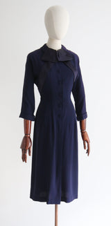 "Navy Ribbon & Tailoring" Vintage 1940's Navy Blue Fitted Dress UK 10 US 6