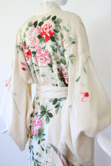 "Blooming Peonies" Vintage 1920's Cream Silk Floral Embroidered Kimono UK 10-14 US 6-10