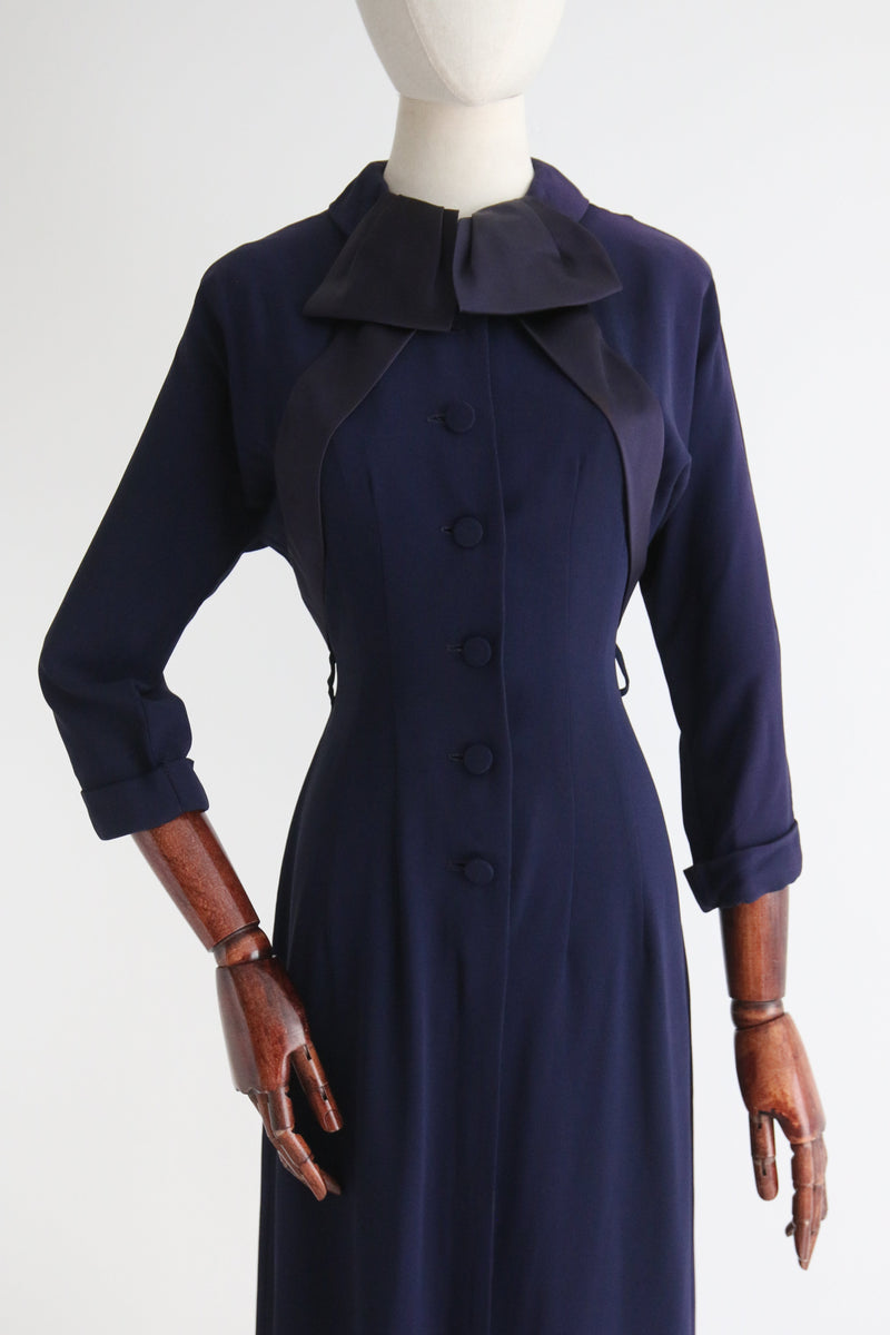 "Navy Ribbon & Tailoring" Vintage 1940's Navy Blue Fitted Dress UK 10 US 6
