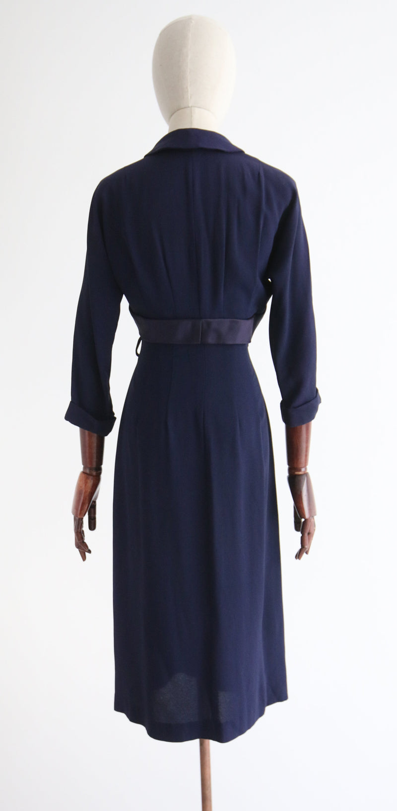 "Navy Ribbon & Tailoring" Vintage 1940's Navy Blue Fitted Dress UK 10 US 6