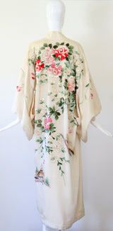 "Blooming Peonies" Vintage 1920's Cream Silk Floral Embroidered Kimono UK 10-14 US 6-10