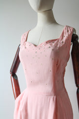 "Scattered Rhinestones" Vintage 1950's Pink Cotton Rhinestone Embellished Dress UK 12 US 8