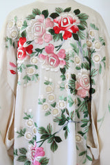 "Blooming Peonies" Vintage 1920's Cream Silk Floral Embroidered Kimono UK 10-14 US 6-10