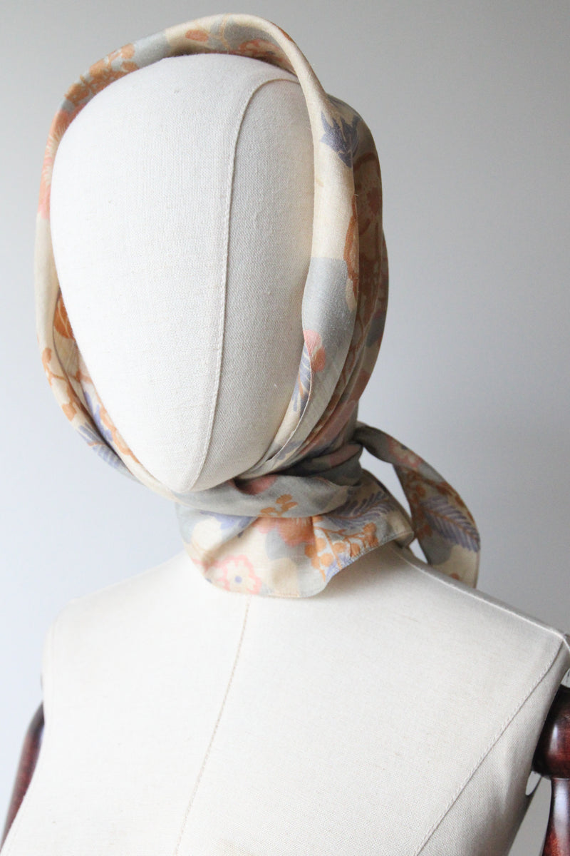 "Muted Florals" Vintage 1920's Pongee Silk Neck Scarf