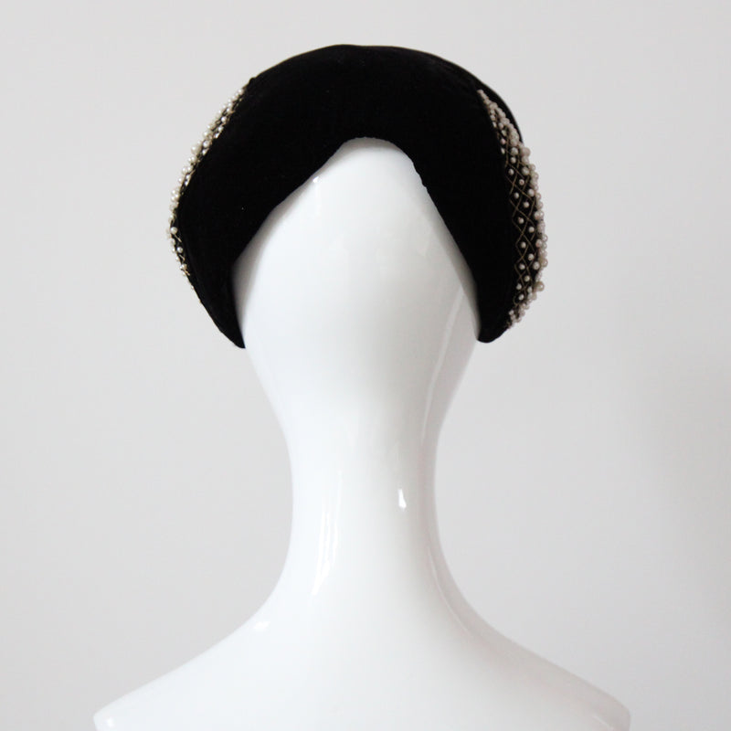 "Velvet & Pearls" Vintage 1940's Widows Peak Velvet Beaded Hat