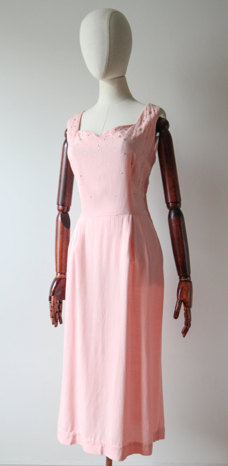 "Scattered Rhinestones" Vintage 1950's Pink Cotton Rhinestone Embellished Dress UK 12 US 8