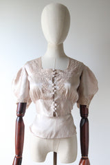 "Blush Champagne Silk & Lace" Vintage 1930's Blush Silk & Lace Blouse UK 8-10 US 4-6