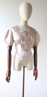 "Blush Champagne Silk & Lace" Vintage 1930's Blush Silk & Lace Blouse UK 8-10 US 4-6