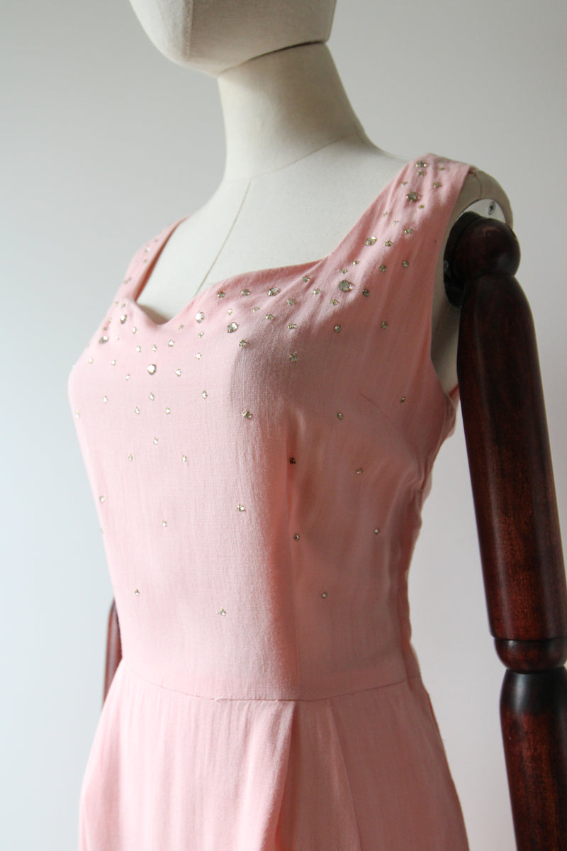 "Scattered Rhinestones" Vintage 1950's Pink Cotton Rhinestone Embellished Dress UK 12 US 8