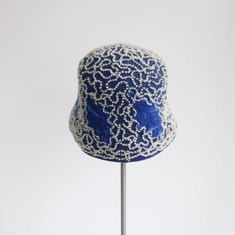 "Blue Velvet Leaves" Vintage 1920's Blue Velvet & Felt Cloche Hat