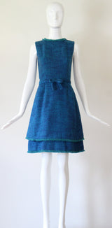 "Teal & Sea Green" Vintage 1960's Teal Wool & Sea Green Fringing Dress UK 6 US 2