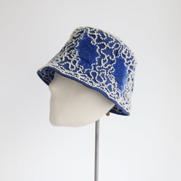"Blue Velvet Leaves" Vintage 1920's Blue Velvet & Felt Cloche Hat