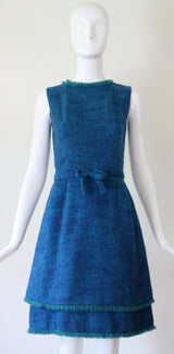 "Teal & Sea Green" Vintage 1960's Teal Wool & Sea Green Fringing Dress UK 6 US 2
