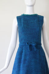 "Teal & Sea Green" Vintage 1960's Teal Wool & Sea Green Fringing Dress UK 6 US 2