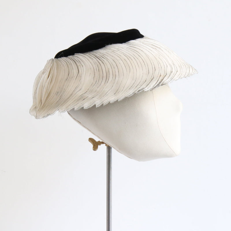 "Soft Petals & Velvet" Vintage 1960's Black Velvet & Cream Petal Saucer Hat