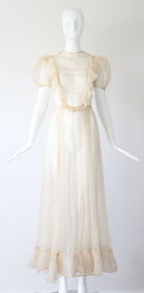 "Organza Pleats" Vintage 1930's Cream Silk Organza Pleated Detail Gown UK 6 US 2