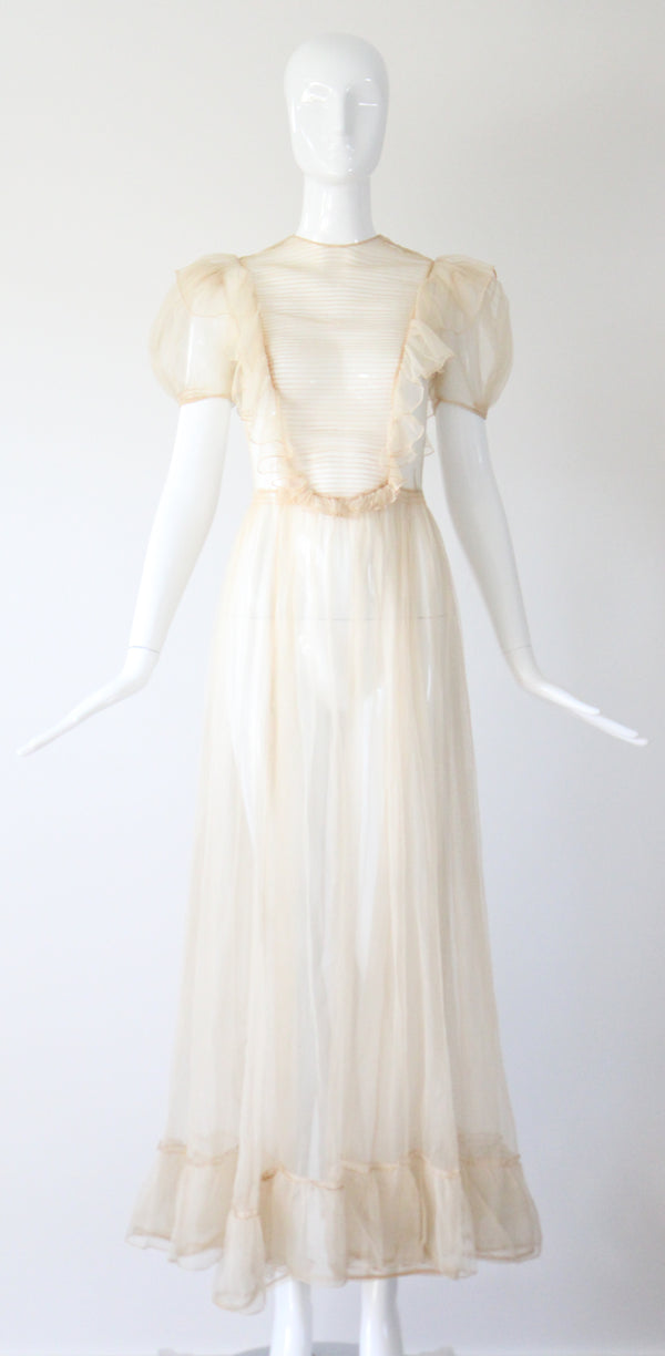 "Organza Pleats" Vintage 1930's Cream Silk Organza Pleated Detail Gown UK 6 US 2