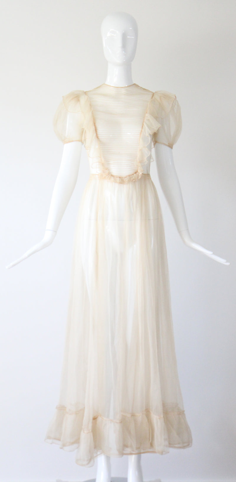 "Organza Pleats" Vintage 1930's Cream Silk Organza Pleated Detail Gown UK 6 US 2