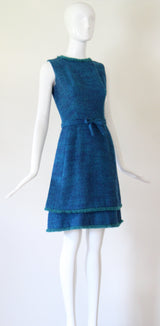 "Teal & Sea Green" Vintage 1960's Teal Wool & Sea Green Fringing Dress UK 6 US 2