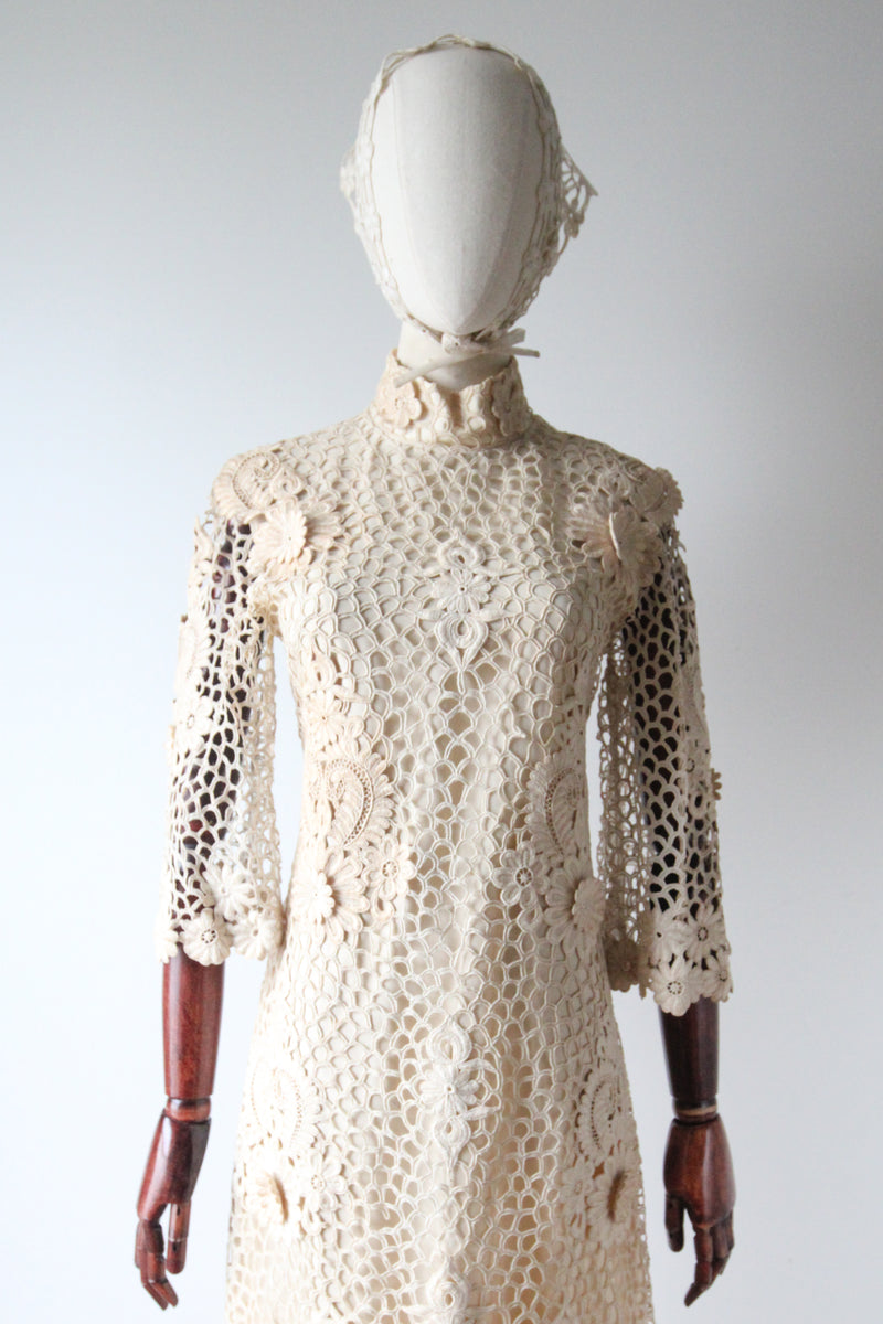 "Cream Floral Lace" Vintage 1960's Cream Floral Lace Dress & Matching Bandana UK 8-10 US 4-6