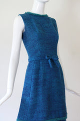 "Teal & Sea Green" Vintage 1960's Teal Wool & Sea Green Fringing Dress UK 6 US 2