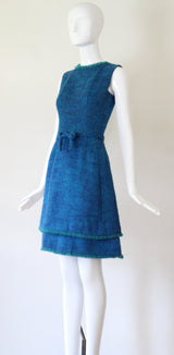 "Teal & Sea Green" Vintage 1960's Teal Wool & Sea Green Fringing Dress UK 6 US 2