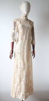 "Cream Floral Lace" Vintage 1960's Cream Floral Lace Dress & Matching Bandana UK 8-10 US 4-6