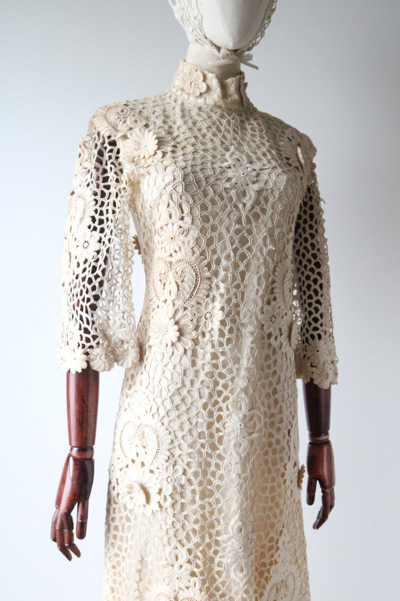 "Cream Floral Lace" Vintage 1960's Cream Floral Lace Dress & Matching Bandana UK 8-10 US 4-6