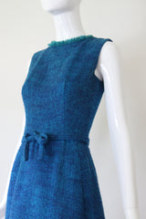 "Teal & Sea Green" Vintage 1960's Teal Wool & Sea Green Fringing Dress UK 6 US 2