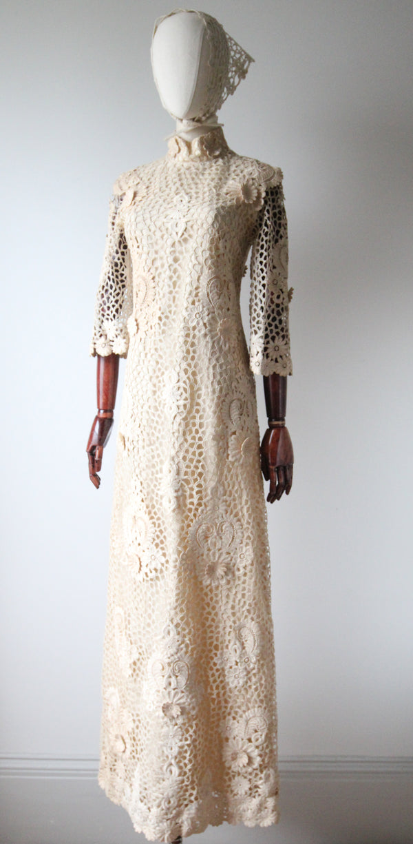 "Cream Floral Lace" Vintage 1960's Cream Floral Lace Dress & Matching Bandana UK 8-10 US 4-6