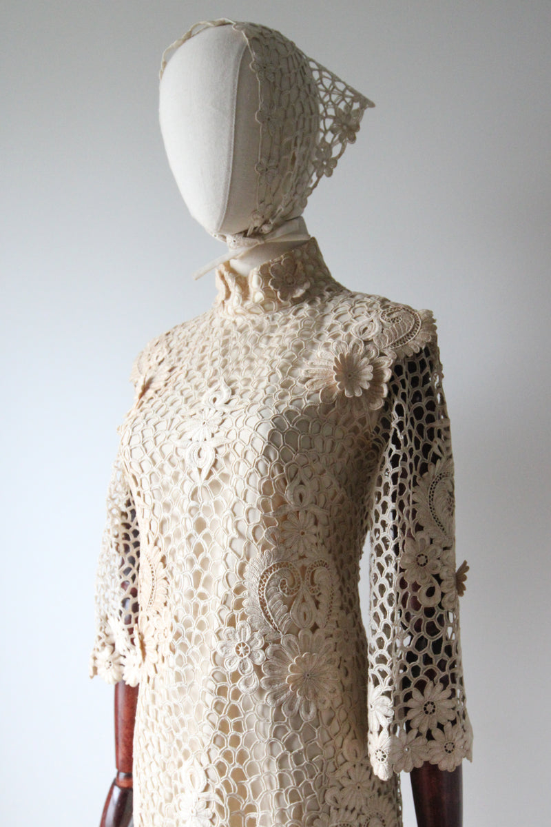 "Cream Floral Lace" Vintage 1960's Cream Floral Lace Dress & Matching Bandana UK 8-10 US 4-6