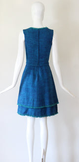 "Teal & Sea Green" Vintage 1960's Teal Wool & Sea Green Fringing Dress UK 6 US 2