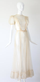 "Organza Pleats" Vintage 1930's Cream Silk Organza Pleated Detail Gown UK 6 US 2