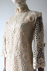 "Cream Floral Lace" Vintage 1960's Cream Floral Lace Dress & Matching Bandana UK 8-10 US 4-6